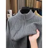 Suéter masculino de tricô grosso com zíper parcial transfronteiriço, pulôver casual de inverno com gola alta, malha quente para camada base para homens de meia-idade
