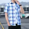 AliExpress camisa casual masculina atacado lapela japonesa xadrez camisa jovem marca de moda camisa de manga curta cabelo masculino