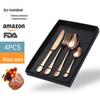 Amazon Talheres de Aço Inoxidável Conjunto de Quatro Peças Estilo Ocidental Faca de Bife, Garfo, Colher Conjunto com Caixa de Presente Conjunto de 4 Peças Moderno e Simples