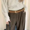 Cinturón de Suede y Felpa Estilo Coreano de Alta Gama con Hebilla Redonda para Mujer, Cinturón de Cuero Estilo Melange con Hebilla Metálica, Color Café para Combinar con Vestidos