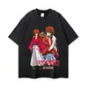 Camiseta holgada transfronteriza con estampado de anime japonés, estilo americano vintage, cuello redondo desgastado, manga corta talla grande
