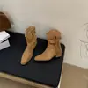 Botas de Salto Grosso Meia-Canela para Mulheres Baixas, Novo Estilo Outono e Inverno 2026 Botas Western Cowboy, Botas de Cano Curto Pontudas Enrugadas