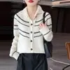 Cardigã de Lã Tricotado 100% Outono/Inverno 2026 Estilo Coreano Listrado Color Block Feminino Gola Reversível Suéter Casaco Solto Estilo Casual