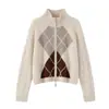 Estilo Nuevo Otoño e Invierno 100% Cachemira Pura Cuello Alto Medio Cremallera Doble Cara Cuadros de Rombos Cardigan con Contraste Chaqueta Top para Mujer
