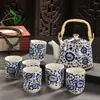 Juego de Té para el Hogar de Porcelana Azul y Blanca Retro con Filtro Tetera Cerámica Tazas de Té Olla con Asa Juego de Té