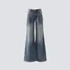 YECHUAN # Jeans Americano Retro Azul Rachado de Perna Larga para Mulheres, Novo Estilo de Verão, Cintura Baixa, Solto, Emagrecedor, Calça de Corte Reto