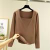 Camisa de terciopelo de estilo coreano de otoño e invierno, camiseta de cuello cuadrado de manga larga, ropa interior de mujer, top grueso y cálido con forro polar de corte ajustado de talla grande