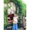 Conjunto de Verano para Mujeres de Talla Grande: Conjunto Único y Hermoso para Mujer: Top sin Mangas con Bordado de Encaje y Mangas Pequeñas tipo Volante con Pantalones de Pierna Ancha