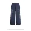 Calça de Moletom Azul Marinho Americana com Strass para Mulheres Design de Primavera Calças de Dança Jazz Calças Largas Soltas