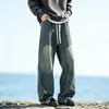 Jeans reto solto da moda estilo americano com retalhos para homens, novas calças casuais versáteis de verão com perna curva