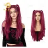 Peruca Rosa Vermelha de Duas Tranças, Cabelo Longo Liso para Garotas Descoladas, Adereço de Cabeça para Cosplay em Convenções de Anime [Processamento Personalizado]