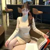 Vestido de tricô com gola alta coreano para outono e inverno, elegante, acinturado, sexy, vestido justo estilo Hong Kong