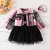 Set de Tres Piezas Popular Transfronterizo para Bebé de Primavera y Otoño de Amazon, Chaqueta a Cuadros de Manga Abullonada, Falda de Gasa con Tirantes y Lazo, Diadema