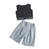 Ropa de verano europea y americana comercio exterior 3-8 años niñas Nuevo top sin mangas con letras + pantalones vaqueros de tres botones moda ropa infantil