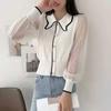Camisa Tricotada Elegante com Gola Boneca Estilo Western Ponto Rendado Manga Longa Sexy Roupa de Verão 2024 Top Tricotado para Mulheres