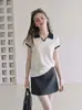 Camisa de Punto Color Block con Cuello de Solapa de Nicho 2026, Top Elegante de Manga Corta, Camiseta con Lentejuelas para Mujer 595