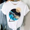 Atacado estação independente primavera e verão figura geométrica tamanho grande feminino retro desenho animado letras branco top camiseta feminina