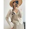 Zhengqi Apparel / Cardigã de Tricô Vazado com Manga Flare para Protetor Solar de Verão 2026, Cardigã de Linho Tencel com Decote V, Camisa de Ar Condicionado Feminina