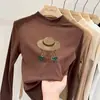 Camiseta de manga longa dupla face em fleece estilo coreano para meninas, coleção outono e inverno, para crianças mais velhas, justa, quente, gola alta discreta, base casual
