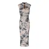 Novo Vestido Qipao Melhorado com Pintura a Tinta Chinesa Feminino de Verão Cintura Marcada Justo ao Corpo Saia que Valoriza o Quadril Estilo Chinês Sexy de Comprimento Médio