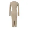 Vestido de Punto Ajustado con Cuello en V Profundo para Mujer, Nuevo Vestido Básico Estilo Americano 'Hot Girl' para Primavera y Otoño, Vestido Bodycon de Color Sólido con Mangas Largas