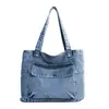 Bolsa Tote de Sarja Lavada Cor Sólida Simples para Mulheres 2026 Nova Primavera Versátil Bolsa de Estudante Bolsa de Ombro Casual