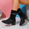 Comercio exterior transfronterizo talla grande nuevo estilo otoño e invierno 2026 botas apiladas para mujer con hebilla de cinturón, tacón grueso, punta cuadrada, plisadas de media pantorrilla, estilo equitación