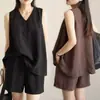 Conjunto Verão Algodão e Linho Colete Sem Manga Nova Moda Shorts Soltos Emagrecedores com Cordão Cintura Elástica Conjunto de Duas Peças