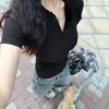 Camiseta para Mujer Hombro Normal Manga Corta 2026 Nuevo Verano Camisa Henley Corte Delgado Capa Interior Camiseta Básica Top Corto Azul Marino
