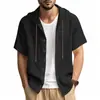 2025 Nova Camisa Casual Solta com Capuz de Manga Curta, Fina e Respirável, de Algodão e Linho, Estilo Transfronteiriço para Homens