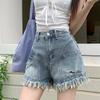 Shorts Jeans Rasgado com Franjas Estilo Retro Americano Feminino Spice Girls Cintura Alta Emagrecedor Listrado Perna Larga Forma A Calça Listrada Hot Pants