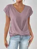 Camiseta de Color Sólido con Cuello en V de Venta Caliente Primavera y Verano en Amazon Transfronterizo, Top Elegante de Manga Corta con Giro, Ropa para Mujer de Comercio Exterior Europeo y Americano