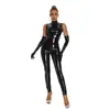 Couro sintético PU brilhante couro sintético espelho lingerie sexy feminina zíper sobre a virilha boate peça única roupa de couro