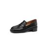 Roupa de trabalho básica e versátil, sapatos pequenos de couro com interior e exterior em couro legítimo, mocassins de salto médio grosso e bico redondo, sapatilhas de couro bovino para mulheres, primavera de 2024