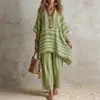 Comércio Exterior Transfronteiriço Europeu e Americano Roupas Femininas Amazon Fashionável Estiloso Gola V Solto Listrado Casual Conjunto de Duas Peças