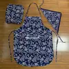 Delantal y pañuelo para la cabeza de estilo étnico con estampado floral azul para estancias en granjas, actividades de recolección de té, casas de té, actuaciones de baile de jardín de infantes, delantal de media longitud