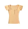 Camiseta de Manga Abullonada con Cuello Cuadrado Estilo Coreano Chica Picante Puro Deseo Hombro Normal para Mujer Verano Ajustado a la Cintura Ceñido al Cuerpo Top Corto con Botón Oculto