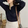 Suéter tejido retro de estilo coreano con cuello polo suave para mujer, suéter básico de manga larga acanalado ajustado para otoño e invierno