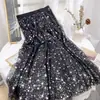 Falda de Estrellas Falda de Gasa Falda de Malla Rosa con Lentejuelas Primavera 2021 Mujer Longitud Media Cintura Alta Falda de Gran Vuelo Falda Larga