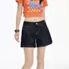Shorts de Mezclilla Anchos de Cintura Alta Naranja Infantil # Azul Oscuro para Mujer, Corte Holgado, Adelgazantes, Favorecedores, Modernos, Versátiles, Rectos.