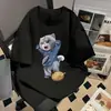 Camiseta Estampada Divertida de Gato com Durian Estilo Americano Tendência Verão Nova Unissex Versátil Super Popular Par de Camisetas