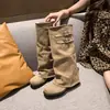 Botas de Salto Grosso Plissadas com Bico Redondo para Mulheres com Design Único, Botas de Equitação de Cano Alto com Fivela de Cinto, Botas Longas Over-The-Knee Estilo Hot Girl