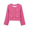 Outono Gola Redonda Cor Sólida Bolso Novo Texturizado Ombro Acolchoado Gola Redonda Manga Longa Estilo Chanel Casual Jaqueta Top Transfronteiriço
