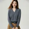 Luxo natural! Novo suéter de outono 100% cashmere para mulheres, suéter de tricô com gola V, suéter básico de cor sólida com botões múltiplos