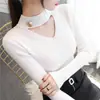 Tricô Preto Gola Alta Recortado Tricô de Base Gola V para Mulheres na Primavera e Outono com Tricô de Alta e Baixa Blusa de Amarrar no Pescoço Tendência