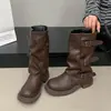 Botas Retro de Pierna Ancha Botas Largas Mujer 2026 Primavera Otoño Nuevas Botas de Caña Alta Plisadas Holgadas Estilo Chica Caliente Británico Botas de Montar