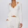 Elegante top de yoga acanalado con cuello en V y manga larga para mujer, con detalles de corbata, adecuado para correr al aire libre, deportes y fitness