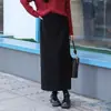 Saia Reta de Cashmere Clássica Simples Versátil para Mulheres Outono e Inverno Fenda Forrada com Lã Drapeada de Comprimento Médio Preta Cinza