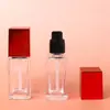 Botella cuadrada roja de 30 ml para base líquida, botella de vidrio para loción protectora, materiales de embalaje al por mayor, botella dispensadora de cosméticos