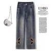 Pantalones Rectos Bordados Huecos Vintage para Mujer, Nuevo Estilo Verano 2026, Pantalones Cigarrillo Acortados de Cintura Alta Ajustados con Pedrería para Figuras Pequeñas